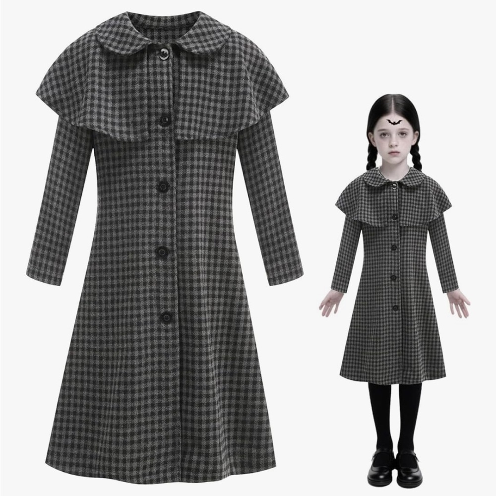 NWT Wednesday Adams Inspired Plaid Long Coat for Kids Cosplay Halloween